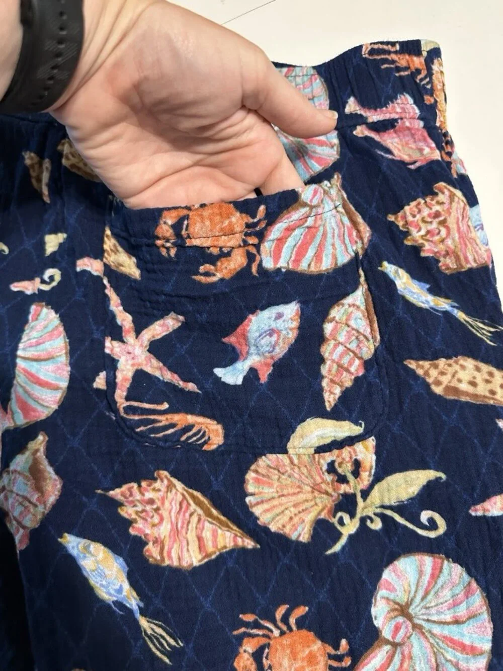 Talbots Medium Shorts Navy Seashell Beach Gauze Cotton Fish Cruise Vacation
